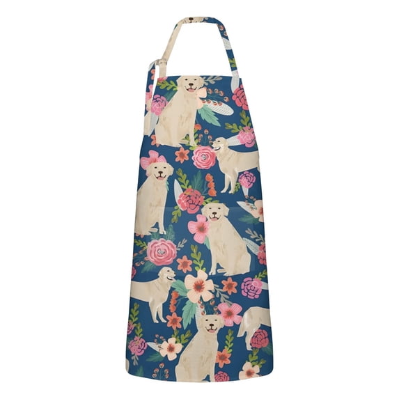 Golden Retriever and Pioneer Flower Apron-Garden Aprons for Women with Pockets-Cotton Linen Waterproof Kitchen Cooking Gardening Aprons Adjustable for Kitchen,Cooking,BBQ and Salon 33x27 Inch
