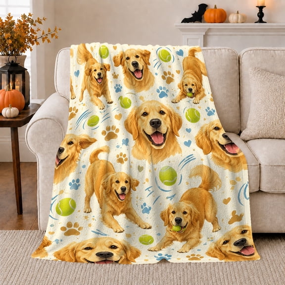 Golden Retriever Playful Dogs Tennis Ball Collage Cream, Playful Pet Portrait Pattern, Warm Flannel Blanket for Living Room and Reading Nook, Dog Lovers Thanksgiving Gift, Pet Lover Home Decor