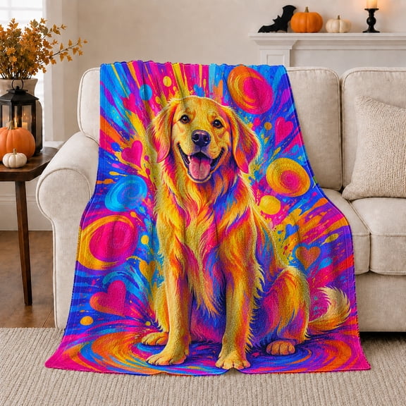 Golden Retriever Pop-Art Psychedelic Colorful Swirls Dog Mom, Playful Pet Portrait Pattern, Warm Flannel Blanket for Living Room and Bedroom, Dog Moms Father's Day Gift, Pet Lover Home Decor