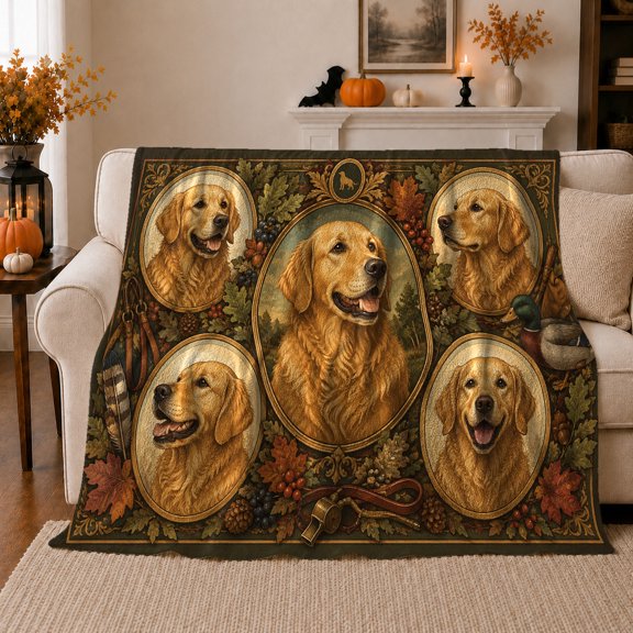 Golden Retriever Portrait Collage Autumn Leaves autumn celebration, Cozy Pet Portrait Pattern, Warm Flannel Blanket for Cabin and Lodge, Dog Lovers autumn celebration Gift, Pet Lover Home Decor