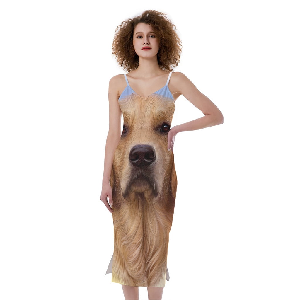 NOBRAND Golden Retriever Portrait Print Slim Fit Midi Cami Dress, Dog Pet Lover Fashion Summer Maxi Sexy Casual Dress for Women, Women's, Size: Large