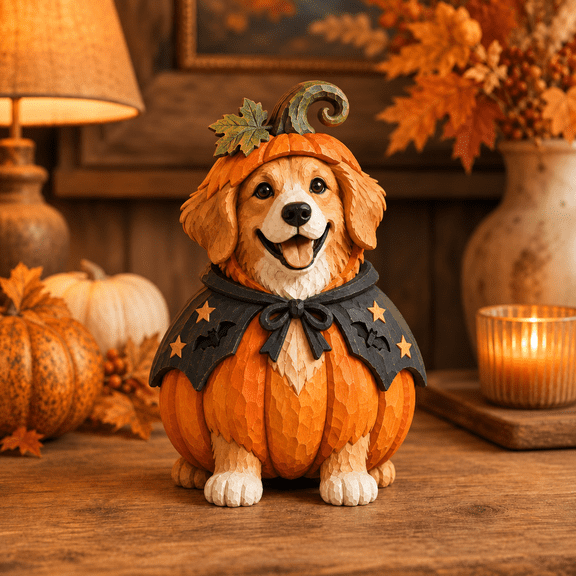 Golden Retriever Pumpkin Costume Wooden Block 3 Layer for Halloween Dog Lover Decor