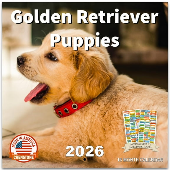 Golden Retriever Puppies Calendar 2026 - Deluxe 2026 Golden Retriever Puppy Wall Calendar Bundle with Over 100 Calendar Reminder Stickers (Dog Themed Gifts, Office Supplies) | Made In The USA