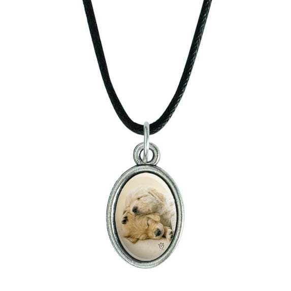 Golden Retriever Puppies Dogs Friends Sleeping Antiqued Oval Charm Pendant with Black Satin Cord