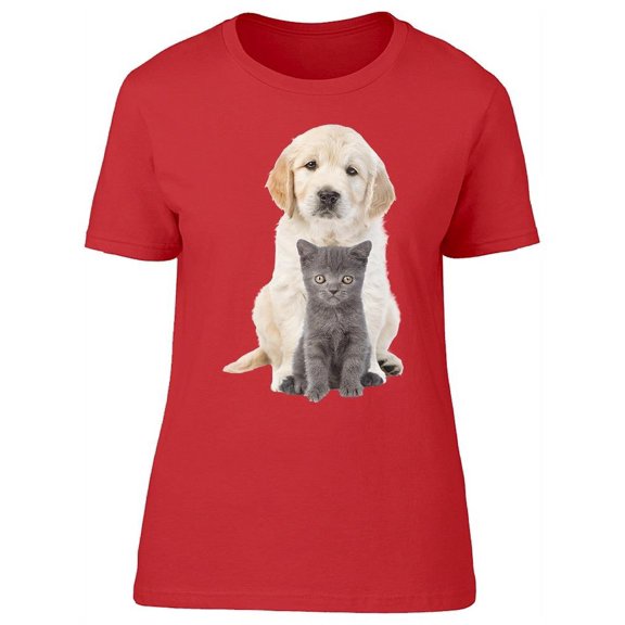 Golden Retriever Puppy And Cat T-Shirt Women -Image by Shutterstock, Female Large