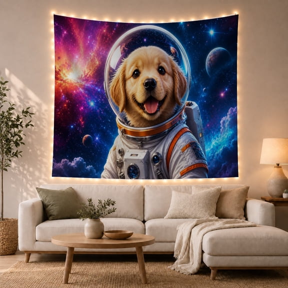 Golden Retriever Puppy Astronaut in Vibrant Galaxy with Fiery Nebula Clouds, Whimsical Celestial for Dog Lovers, Space Pet Artwork Housewarming Gift Tapestry Wall Hanging for Bedroom and Dorm