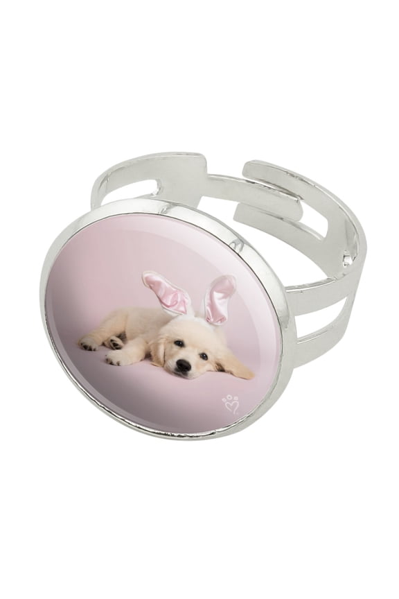 Golden Retriever Puppy Dog Rabbit Bunny Ears Silver Plated Adjustable Novelty Ring