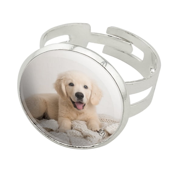 Golden Retriever Puppy Dog and Blanket Silver Plated Adjustable Novelty Ring