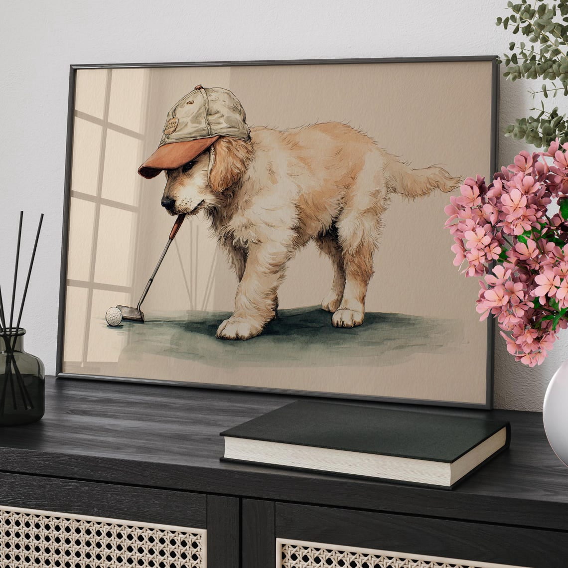 Golden Retriever Puppy Golfing Cute Dog Nursery Room Lover Boys ...