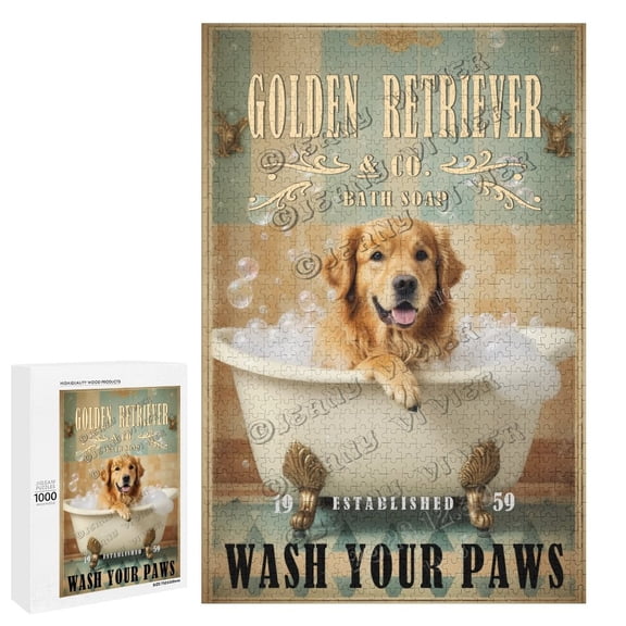 Golden Retriever Puzzle 1000 pcs Wooden Jigsaw Clean Paws Themed Artwork for Adults Relaxing Dog Puzzle with Whimsy and Heart