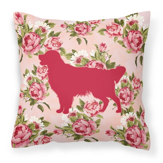 Golden Retriever Shabby Chic Pink Roses Fabric Decorative Pillow