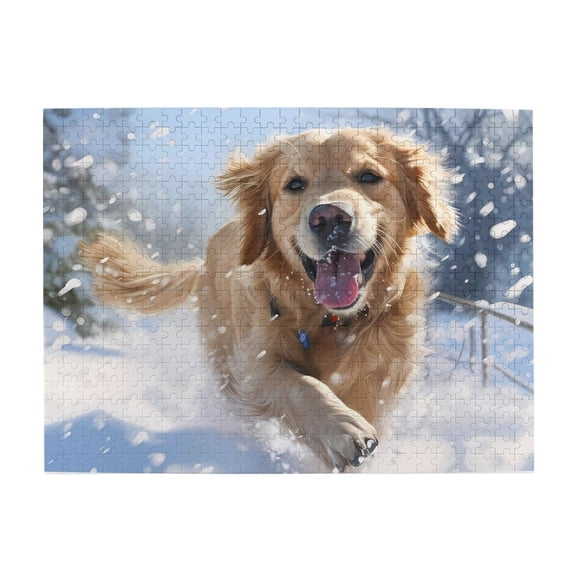 Golden Retriever Snow Run 500-Piece Wooden Jigsaw Puzzle for Adults, Fun & Challenging Family Game, Stylish Wall Decor & Holiday Gift