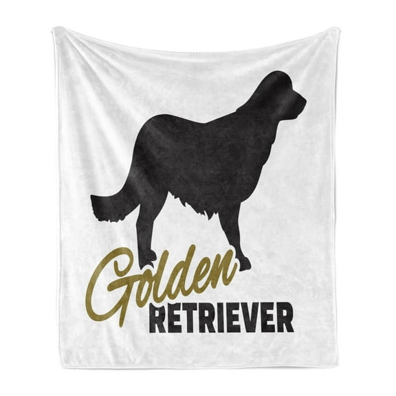 Golden Retriever Soft Flannel Fleece Blanket, Purebred Dog Black Silhouette with Hand Written Style Inscription, Cozy Plush for Indoor and Outdoor Use, 70" x 90", Sepia Black White, by Ambesonne