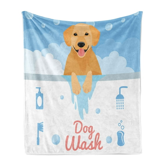 Golden Retriever Soft Flannel Fleece Throw Blanket, Dog Washing in Bathtub Cartoon Foam and Soap Hygiene, Cozy Plush for Indoor and Outdoor Use, 50" x 60", Pale Orange Pale Blue, by Ambesonne