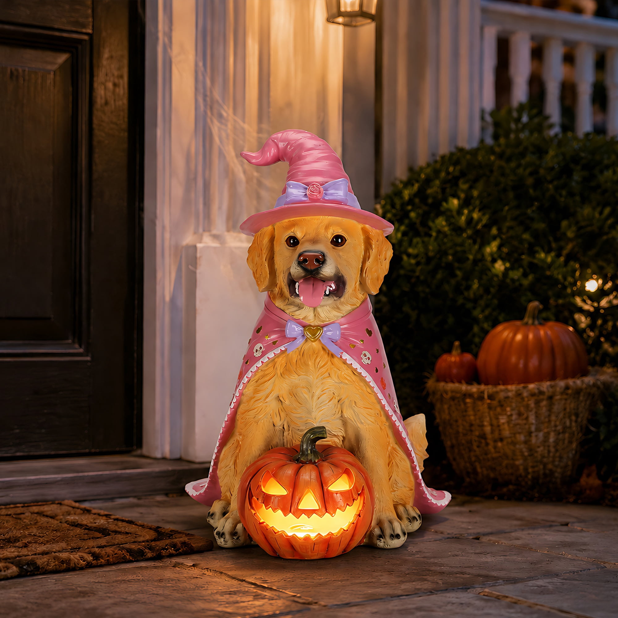 Golden Retriever Statue 19.69 Inch, Halloween Dog Figurine with Pink Witch Hat and LED Pumpkin, Large Sitting Dog Decor for Porch and Outdoor Display, Brown and Pink