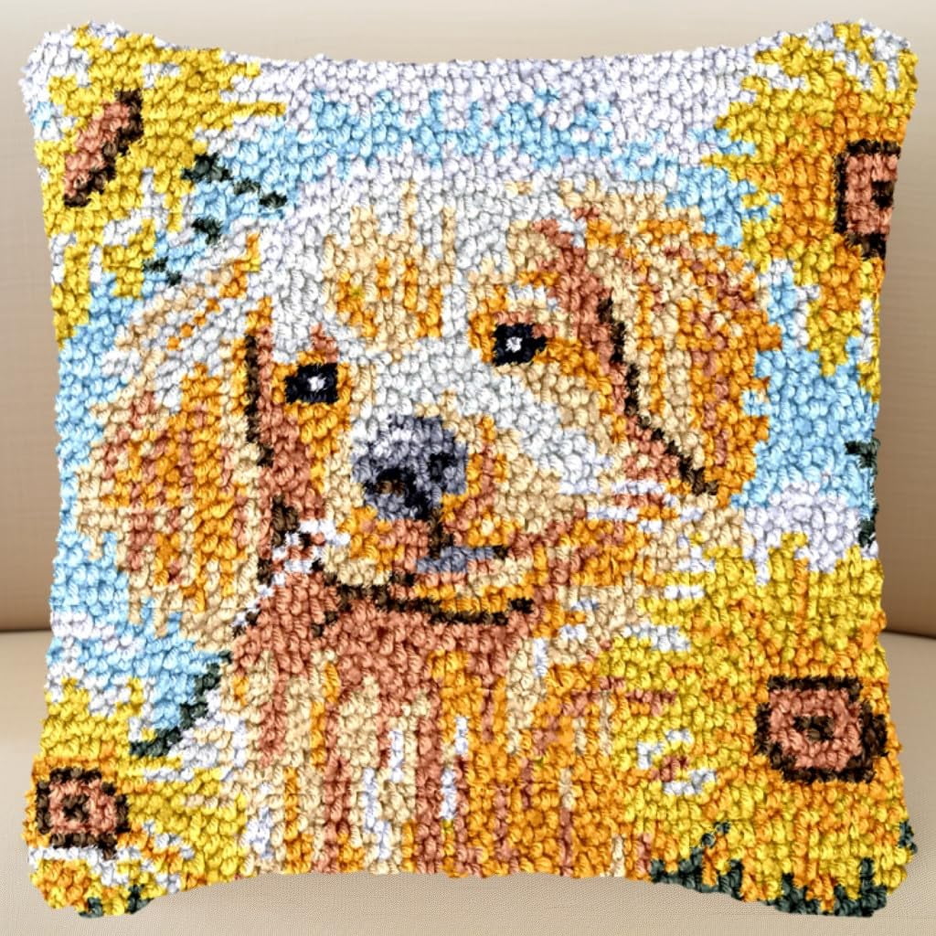 Golden Retriever and Sunflower Latch Hook Pillow Kits for Beginner Needle Crochet Yarn Kits with Stamped Canvas Embroidery Cushion DIY Hook and Latch Throw Pillow Sofa Decoration 43x43cm(1)