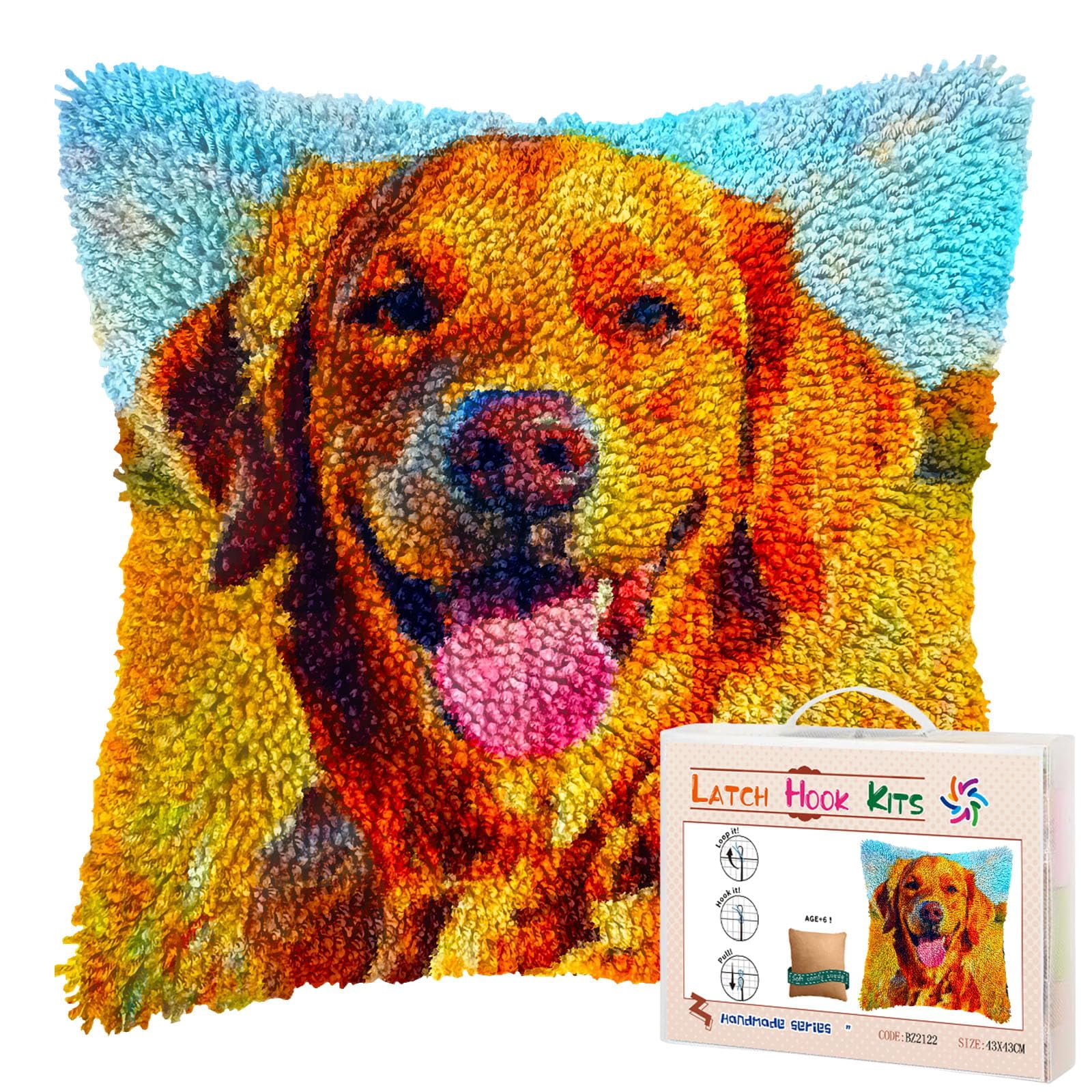 Golden Retriever Terrier DIY Latch Hook Pillow Kits for Adults Printed Pillowcase Crochet Yarns Hooking Handmade Pillow Cover Cushion for Home Sofa Decoration 17x17inch(1)