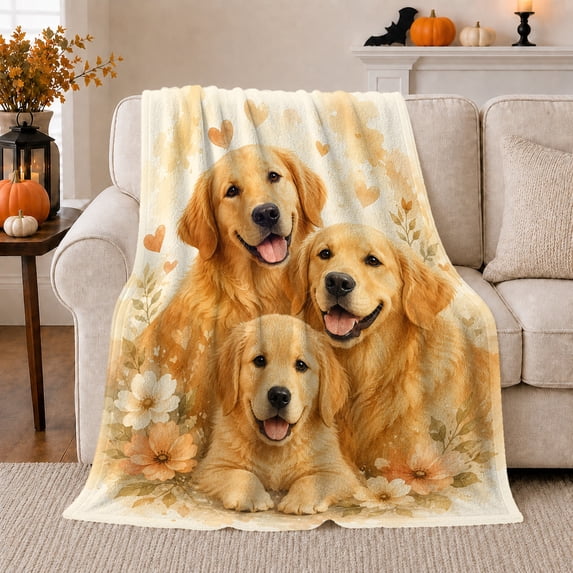 Golden Retriever Trio With Flowers, Naturalistic Floral Dog Portraiture, Pet Adoption Gift for Golden Retriever Enthusiasts, Cozy Flannel Blanket and Home Decor for Living Room and Bedroom