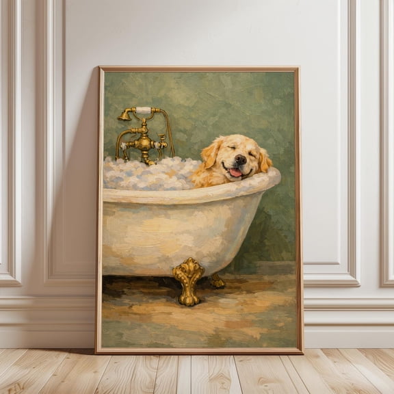 Golden Retriever Wall Art Dog In Bathtub Bathroom Decor Pet Dog Lovers, Unframed Poster