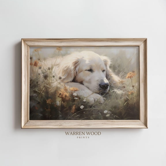 Golden Retriever Wall Art, Vintage Dog Landscape Print, Rustic Floral Field Decor, Resting Dog, Retriever Lover Gift, Dog Art Home Decor UNFRAMED Poster, Wall Art for Decor, Present, 16x24