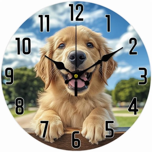 Golden Retriever Wall Clock 12 Inch Battery Operated Wall Clock Happy Dog Portrait Non Ticking Silent Decorative Clock for Living Room Office Bedroom Home Decor