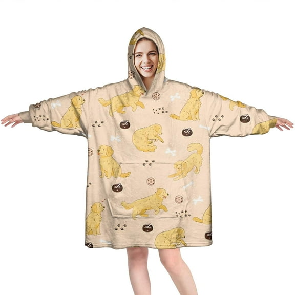 Golden Retriever Wearable Oversized Blanket,Wearable Blanket Hoodie for Adults,Cozy Hooded Blankets with Super Pockets,Super Warm Fuzzy Pullover for Women & Men