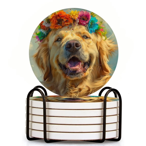 Golden Retriever Wearing Flower Crown With Smiling Face Set of 6 Ceramic Coasters with Holder, Absorbent Drink Bar Coasters, Table Coasters for Living Room Decor Tabletop Protection