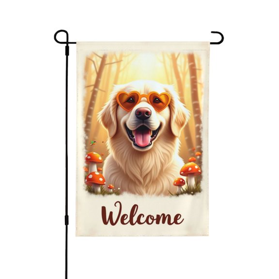 Golden Retriever Welcome Garden Flag 12x18 Inch Double Sided Cute Dog With Heart Sunglasses & Mushroom Scene Outdoor Yard Decoration For Porch, Lawn & Patio