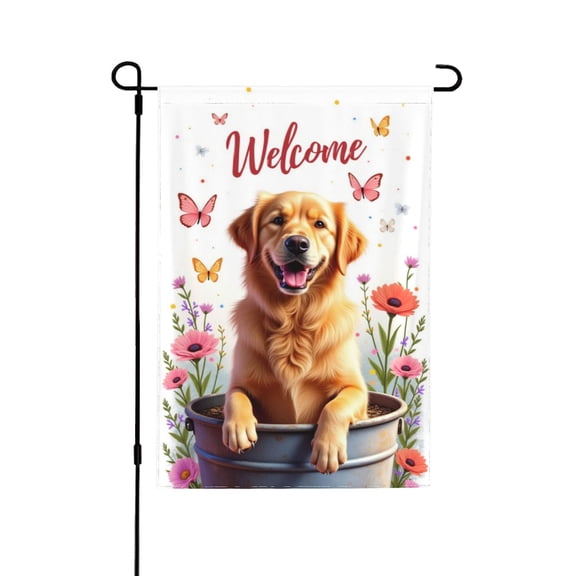 Golden Retriever Welcome Garden Flag 12x18 Inch Double Sided – Spring Floral Butterfly Dog Yard Decoration For Outdoor Lawn & Patio(1)