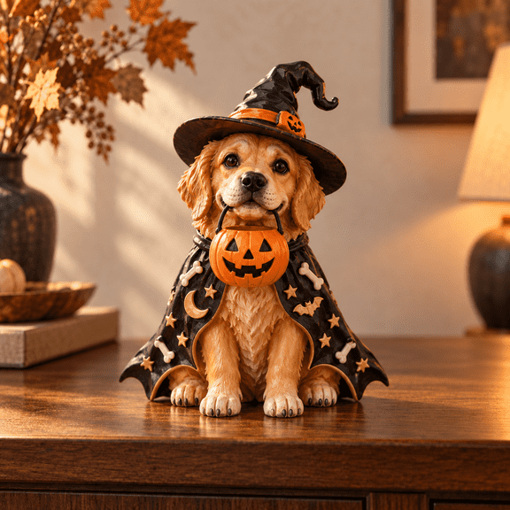 Golden Retriever Witch Wooden Block 3 Layer for Halloween Dog Lover Decor