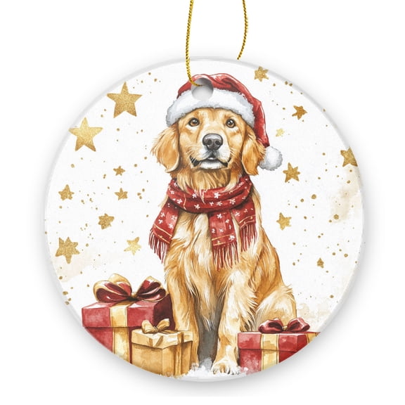 Golden Retriever With Christmas Present - Christmas Ornament Xmas Keepsake Ceramic Ornaments Holiday Decorations for Tree Christmas Gift Ideas 2.95in