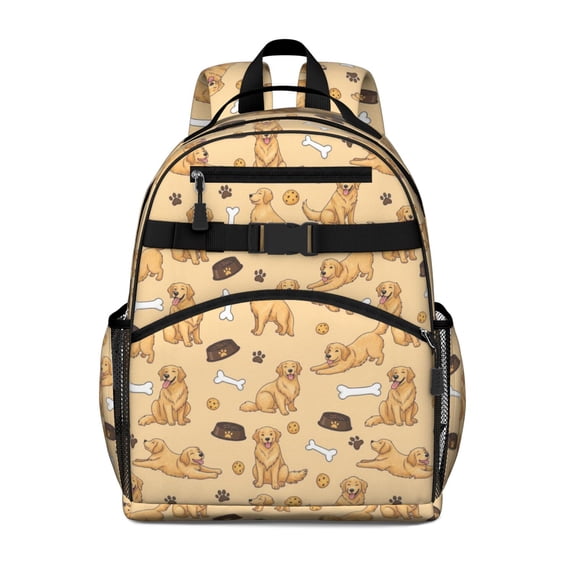 Golden Retriever and Bone Beige Backpack for School, Cute School Bag with Adjustable Shoulder Straps and Padded Back, 15.25"x11.5"x5.25"