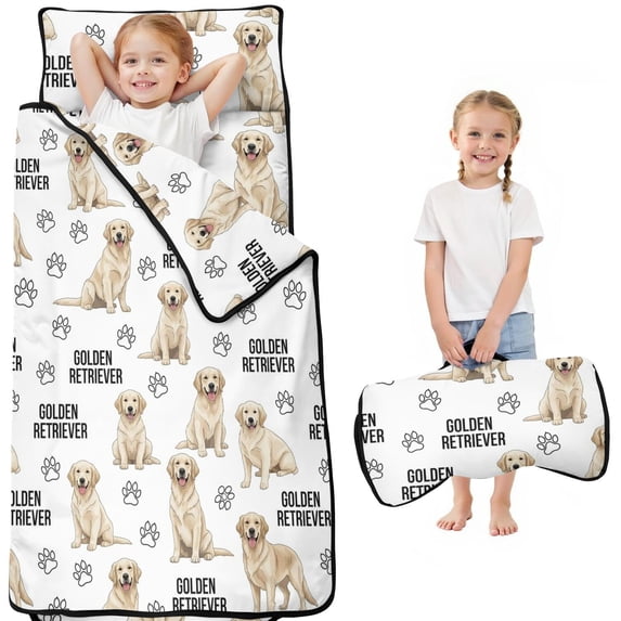 Golden Retriever and Dog Paw Print Teens Toddler Nap Mat with Pillow, Sleeping Mat Bag for Preschool Daycare 51"x22"
