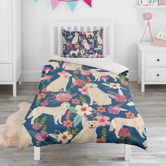 Golden Retriever and Floral Duvet Cover and Pillowcase Set for Single Bedding, Bedroom Accessories for Kids Teens