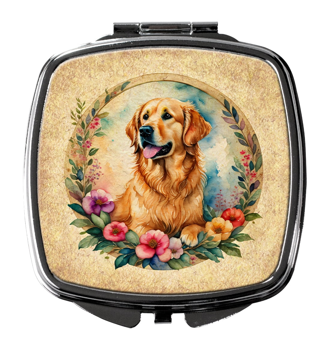 Golden Retriever and Flowers Compact Mirror 2.75 in x 3 in