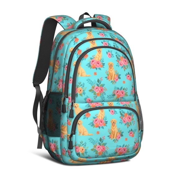 Golden Retriever and Rose Blue Backpack for School, Cute School Bag with Adjustable Shoulder Straps and Padded Back, 16.9"x12.6"x5.9"