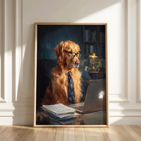 Golden Retriever at Laptop Working Dog with Glasses Dark Academia Office Decor Intellectual, Unframed Canvas