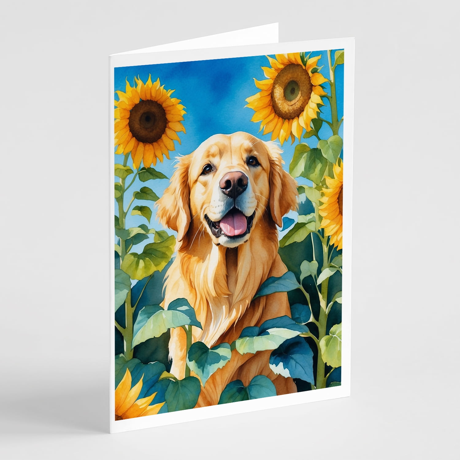 Golden Retriever in Sunflowers Greeting Cards Pack of 8 7 in x 5 in