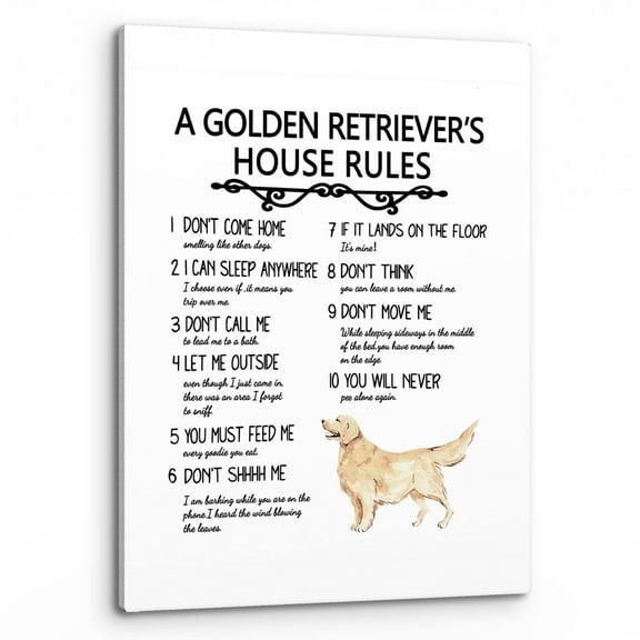 A Golden Retriever's House Rules Wall Art, Funny Golden Retriever Dog Quote Print Framed Canvas Painting Artwork Home Bedroom Living Room Girls Room Decor