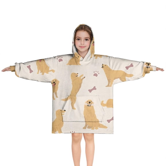 Golden Retriever with Bones and Paws Blanket Hoodies for Kids 6-13YR Oversize Wearable Blanket Hoodies for Boys Girls Teens