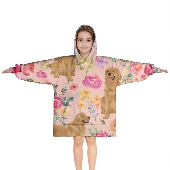 Golden Retriever with Flowers Blanket Hoodies for Kids 6-13YR Oversize Wearable Blanket Hoodies for Boys Girls Teens