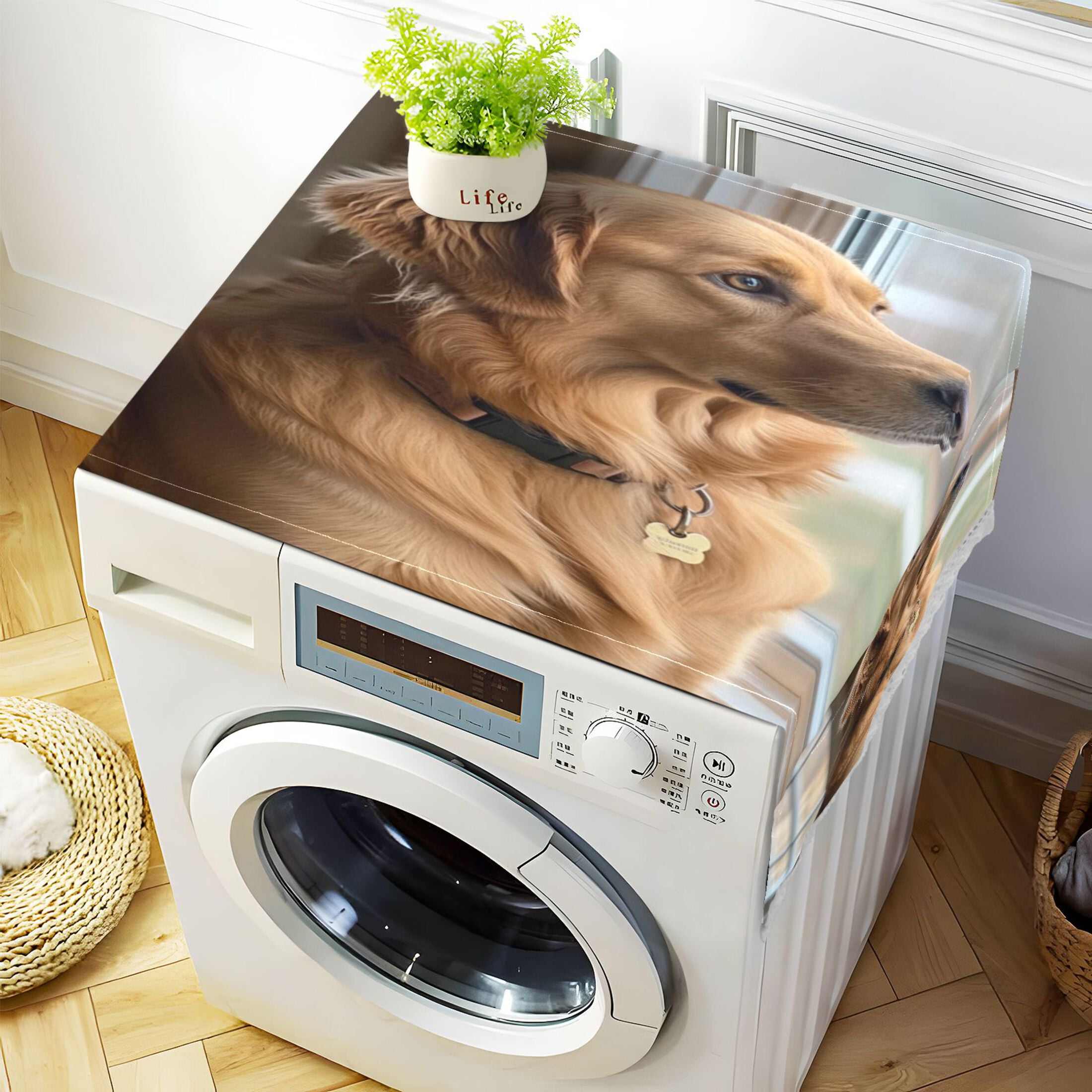 Golden RetrieverWasher and Dryer Covers Dust-Proof and Oil Resistant Fridge Cover with 4 Storage Pockets Washing Machine Top Cover for Laundry Kitchen Home 51.2 x 22 In