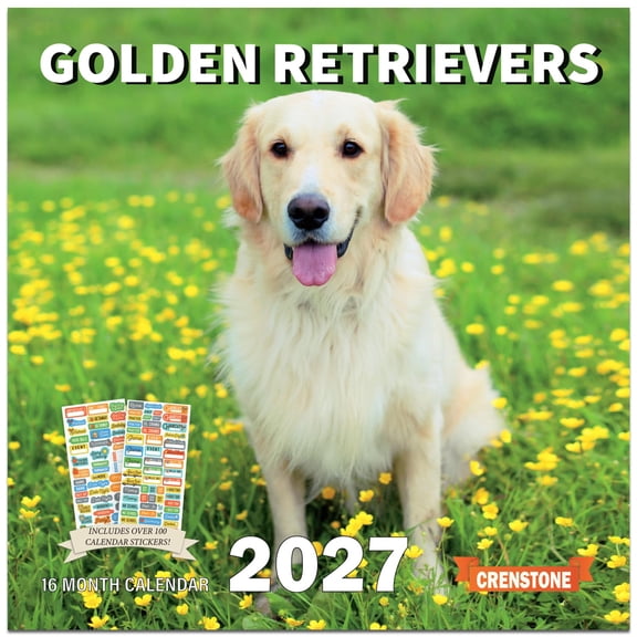 Golden Retrievers Calendar 2027 - 16 Month Golden Retriever 2027 Monthly Wall Calendar with 100+ Reminder Stickers | 12" x 24" Open | White Elephant Giftable | Thick & Sturdy Paper