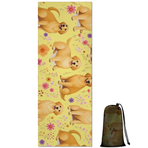 Golden Retrievers and Pioneer Flower Hot Yoga Mat Towel Non Slip for Hot Yoga - Quick-Drying Yoga Mat Cover with 4 Corner Pockets with Travel Bag - Hot Yoga Towel Non Slip 70"x26"