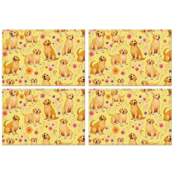 Golden Retrievers and Pioneer Flower Summer Placemats Table Placemats Set Of 4-Linen Kitchen Washable Placemats Table Mats 12x18 Inch Non-Slip Heat Resistant