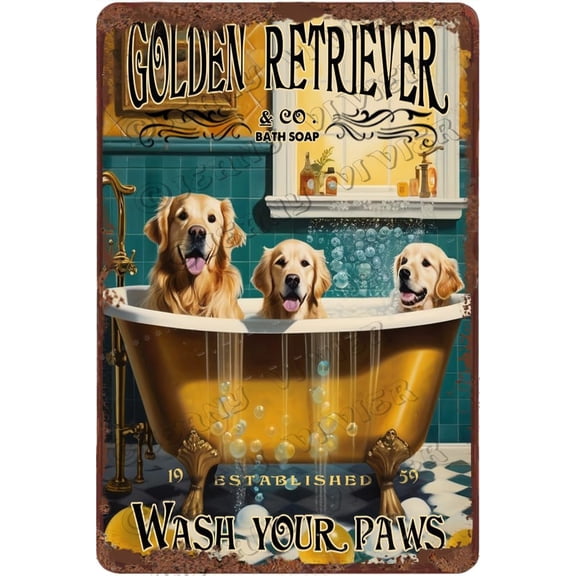 Golden Retrievers Wash Your Paws Antique Metal Sign Funny Dog Bathroom Decor Dog Decor Dog Gifts Cute Pet Wall Decor Vintage Aluminum Sign for Home Office Hotel Apartment Dorm 12x8 Inches