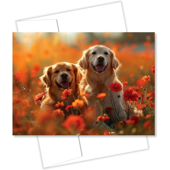 Golden Retrievers in Flower Garden All Occasions Greeting Card from Unique Dogs Party Delights Collection Large 5x7 Inch Blank Inside with Envelope