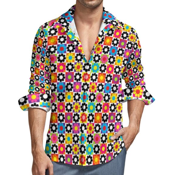 Golden Retro 60s Casual Shirts Mens Abstract Lava Flow Print Shirt Long Sleeve Fashion Y2K Blouses Autumn Graphic Plus Size 4XL