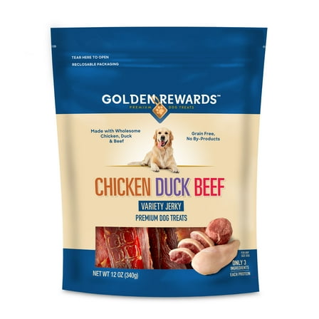 Golden Rewards Chicken, Duck and Beef Premium Variety Dry Jerky Treats for Dogs, Chicken, Duck and Beef Recipe 12 oz Bag