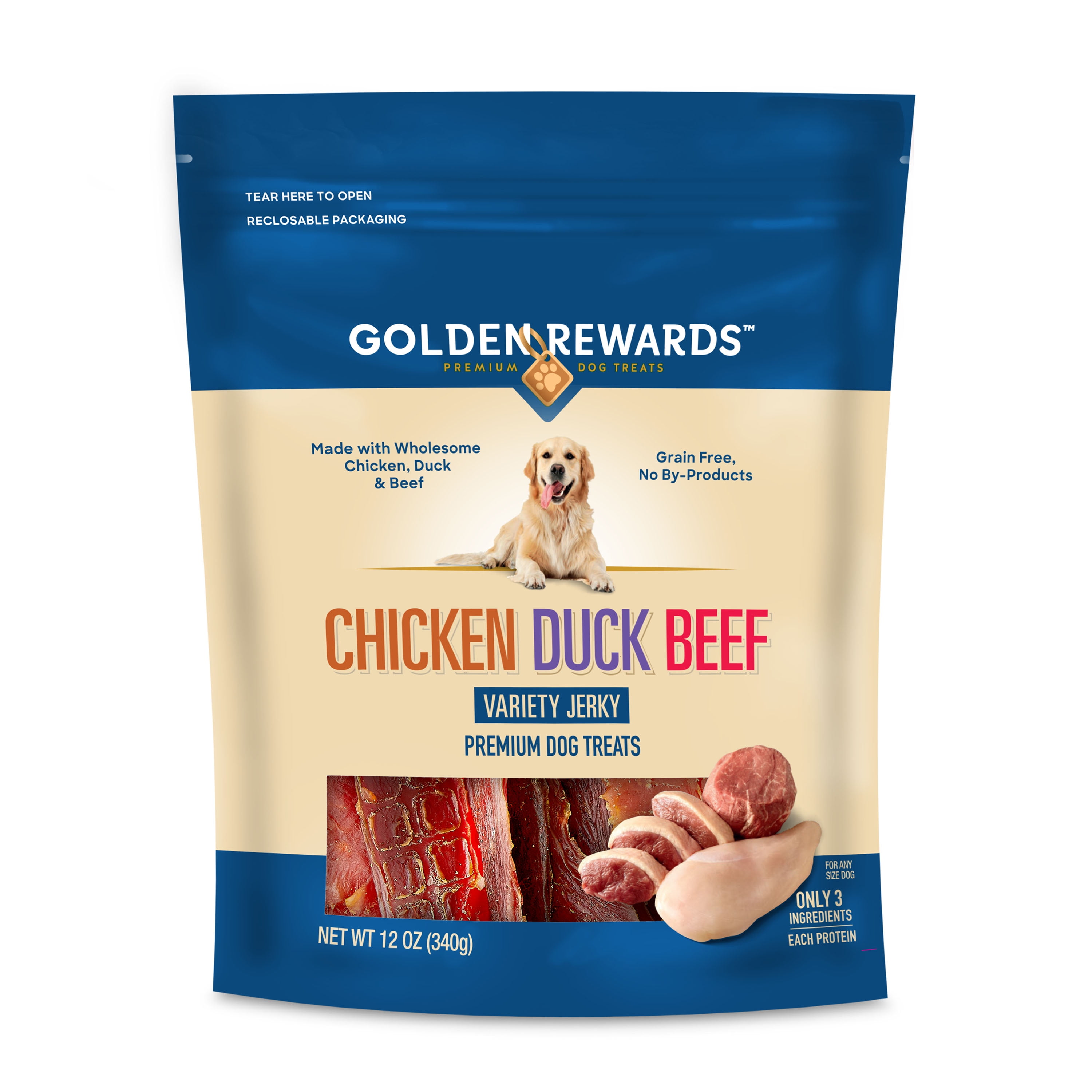 Golden Rewards Chicken, Duck and Beef Premium Variety Jerky Treats for Dogs, 12 oz Bag